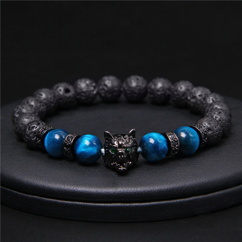 Alpha Wolf Lava Stone Bracelet – Blue Tiger Eye Beads | Gravín Totem
