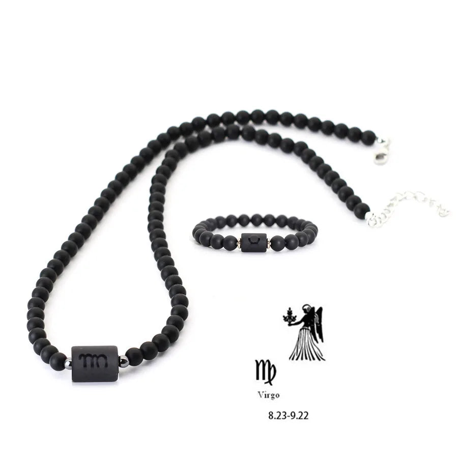Black Onyx Zodiac Beads Necklace – 12 Constellations Stone Collar for Men