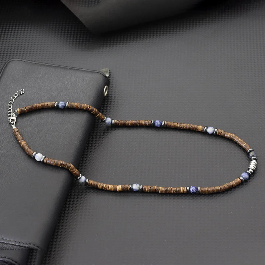 Natural Coconut Husk & Volcanic Stone Necklace – 5mm Tribal Collar for Men