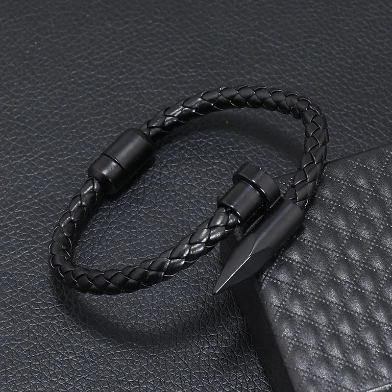 Black Bullet Clasp Leather Bracelet – Titanium Bold Edition