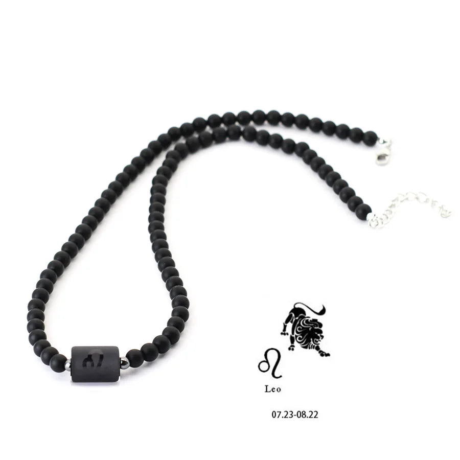 Black Onyx Zodiac Beads Necklace – 12 Constellations Stone Collar for Men