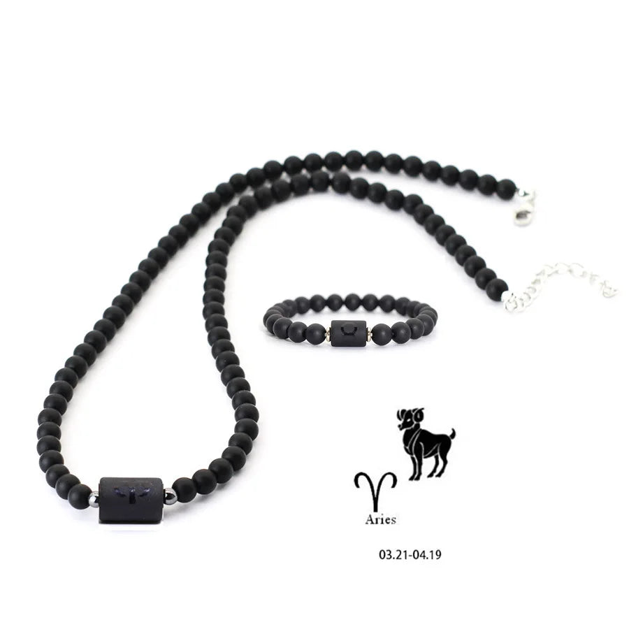 Black Onyx Zodiac Beads Necklace – 12 Constellations Stone Collar for Men