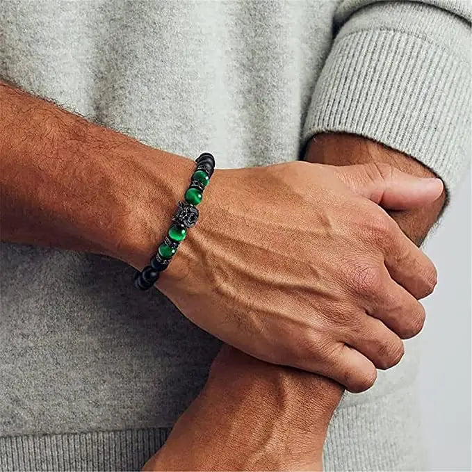 Alpha Wolf Lava Stone Bracelet – Blue Tiger Eye Beads | Gravín Totem