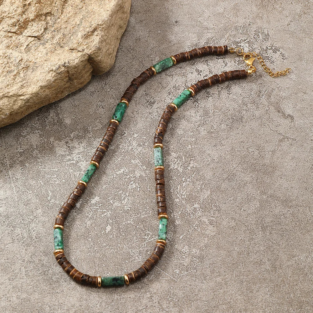 Boho Coconut Shell & Natural Stone Necklace – Ethnic Choker for Men