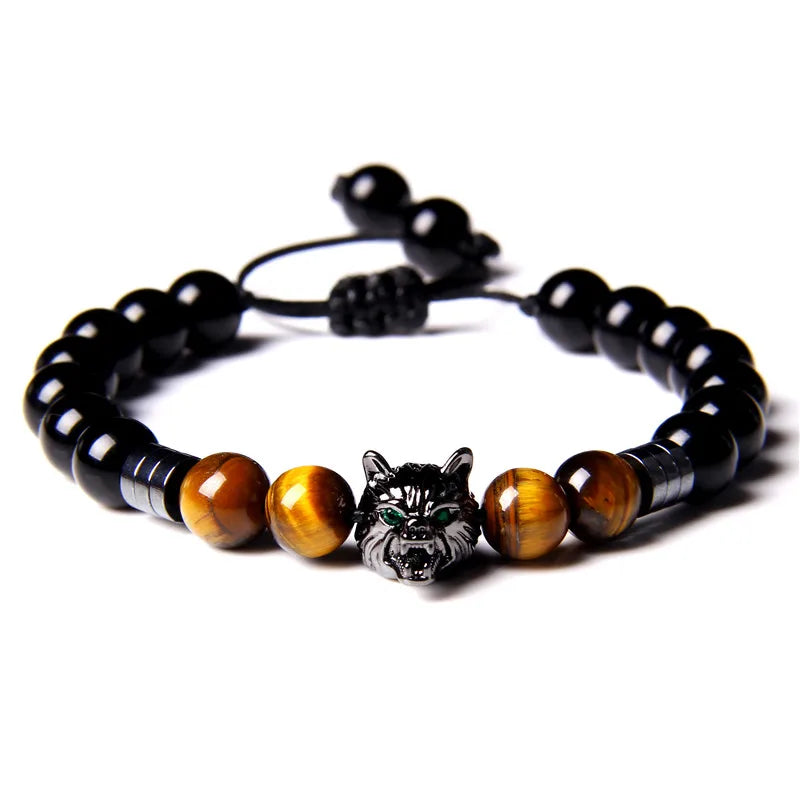 Alpha Wolf Lava Stone Bracelet – Blue Tiger Eye Beads | Gravín Totem