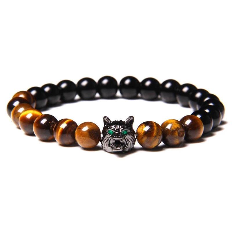 Alpha Wolf Lava Stone Bracelet – Blue Tiger Eye Beads | Gravín Totem