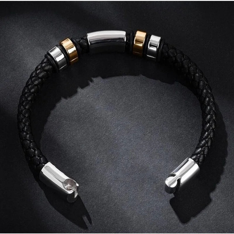 Black Leather Bracelet with Gold & Steel Accents – Gravín Edition