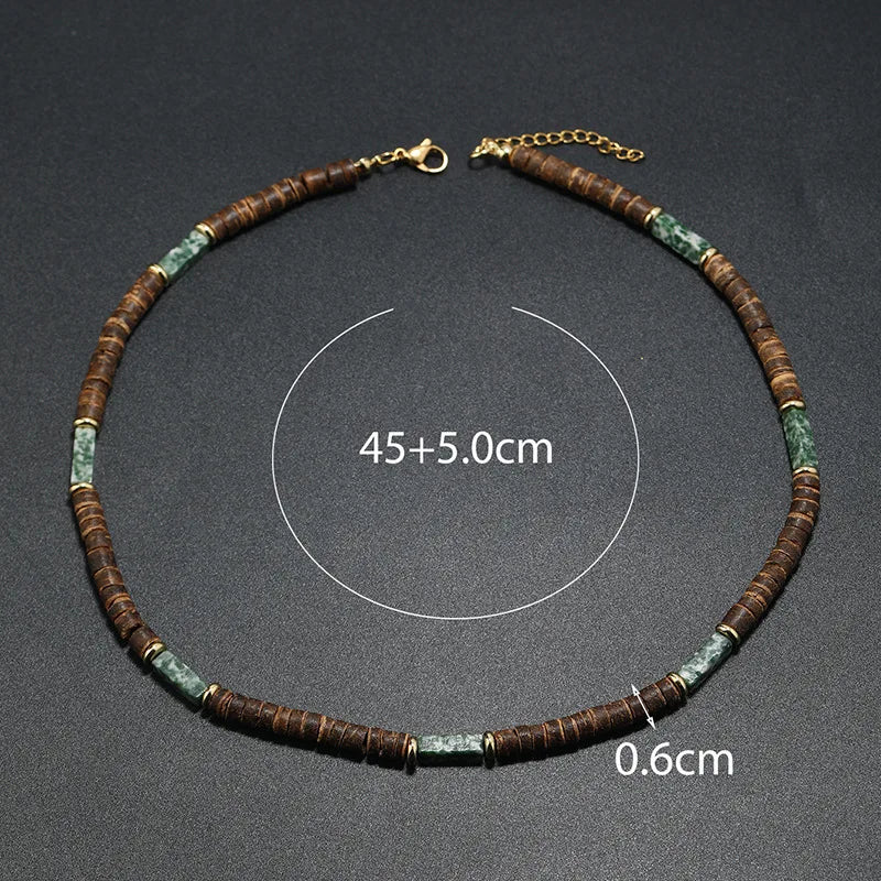 Boho Coconut Shell & Natural Stone Necklace – Ethnic Choker for Men