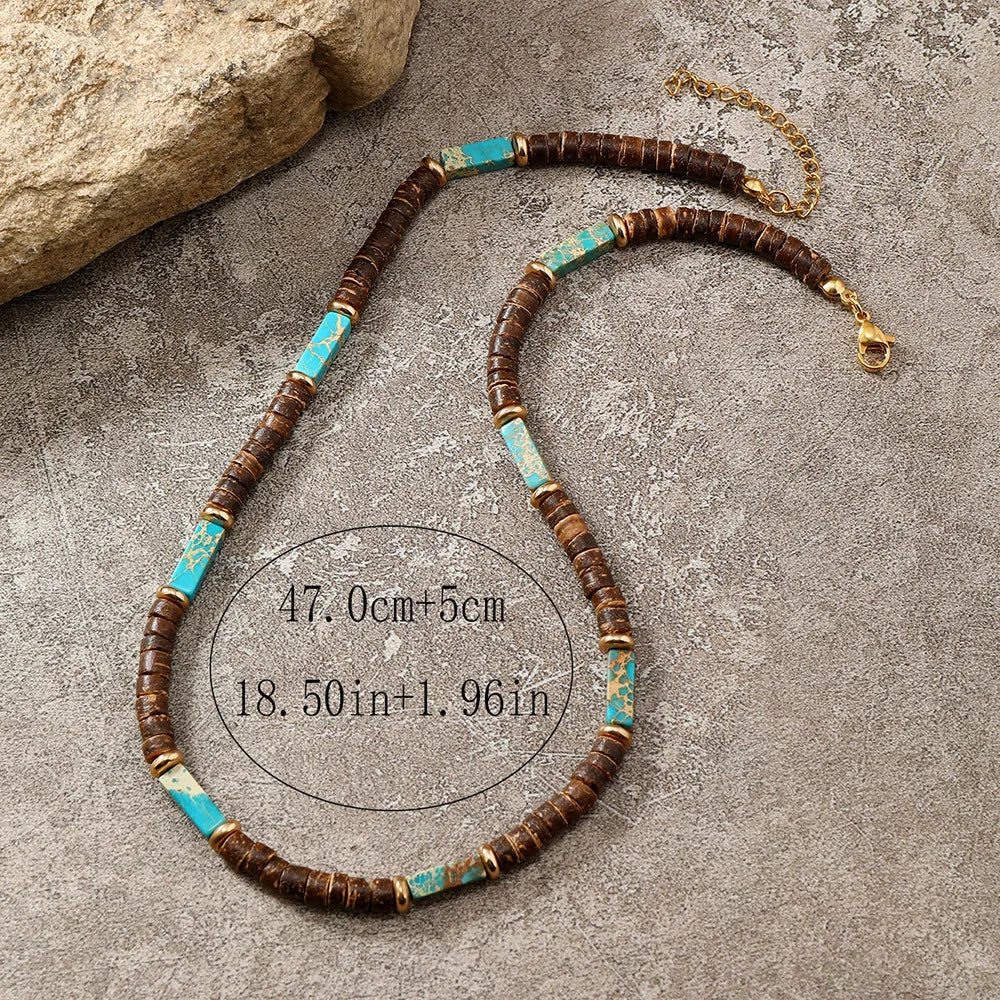 Boho Coconut Shell & Natural Stone Necklace – Ethnic Choker for Men