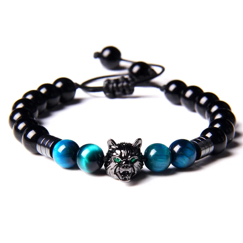Alpha Wolf Lava Stone Bracelet – Blue Tiger Eye Beads | Gravín Totem