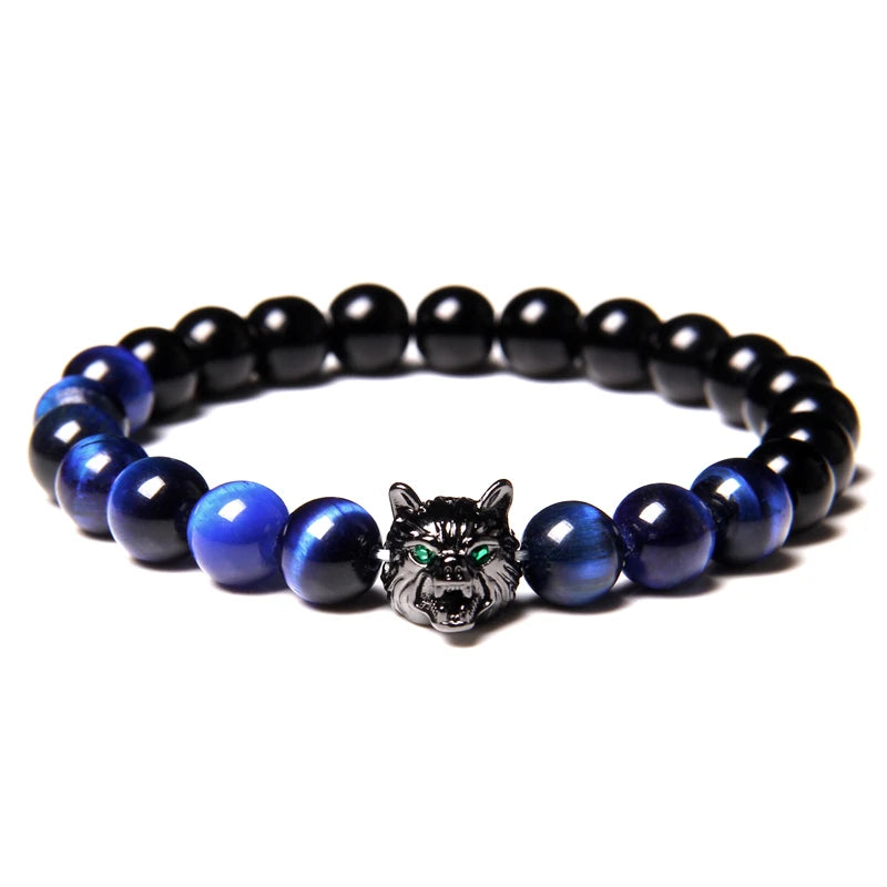 Alpha Wolf Lava Stone Bracelet – Blue Tiger Eye Beads | Gravín Totem