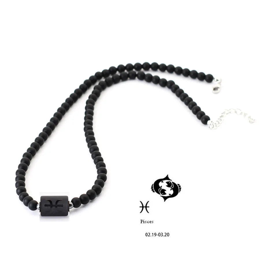 Black Onyx Zodiac Beads Necklace – 12 Constellations Stone Collar for Men
