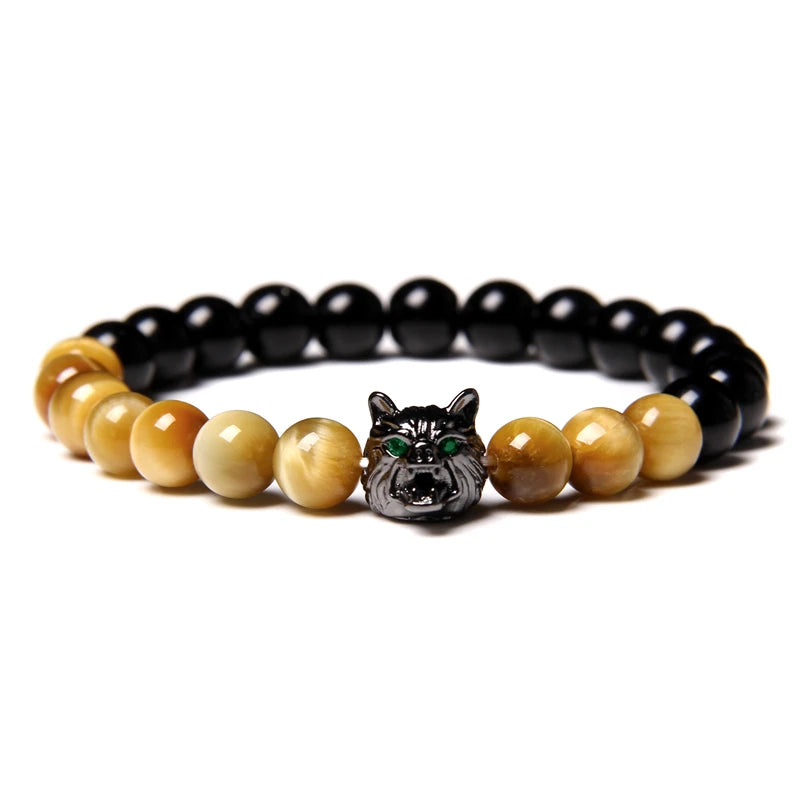 Alpha Wolf Lava Stone Bracelet – Blue Tiger Eye Beads | Gravín Totem