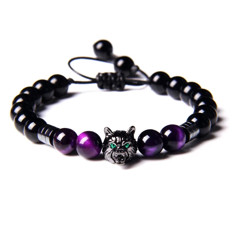 Alpha Wolf Lava Stone Bracelet – Blue Tiger Eye Beads | Gravín Totem