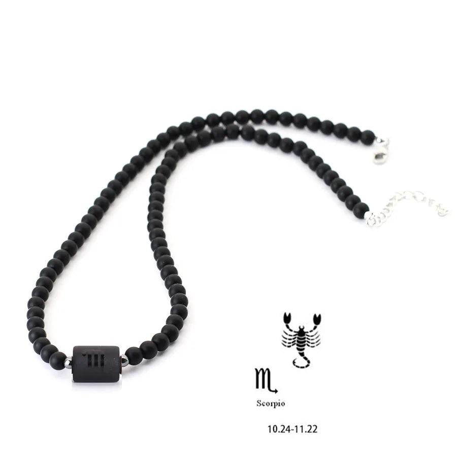 Black Onyx Zodiac Beads Necklace – 12 Constellations Stone Collar for Men