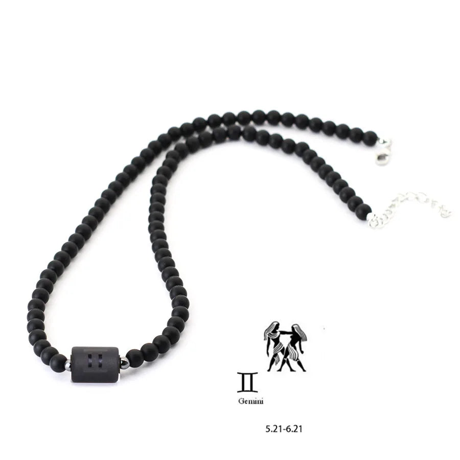 Black Onyx Zodiac Beads Necklace – 12 Constellations Stone Collar for Men