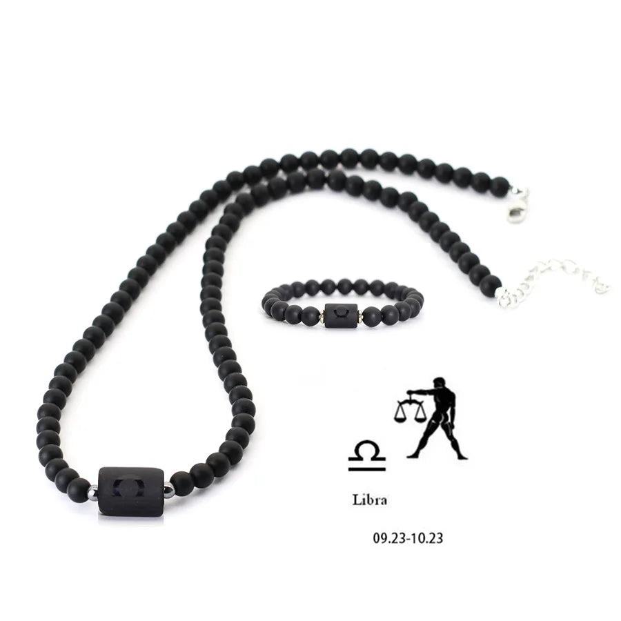 Black Onyx Zodiac Beads Necklace – 12 Constellations Stone Collar for Men