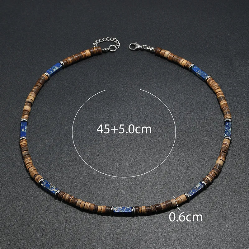 Boho Coconut Shell & Natural Stone Necklace – Ethnic Choker for Men