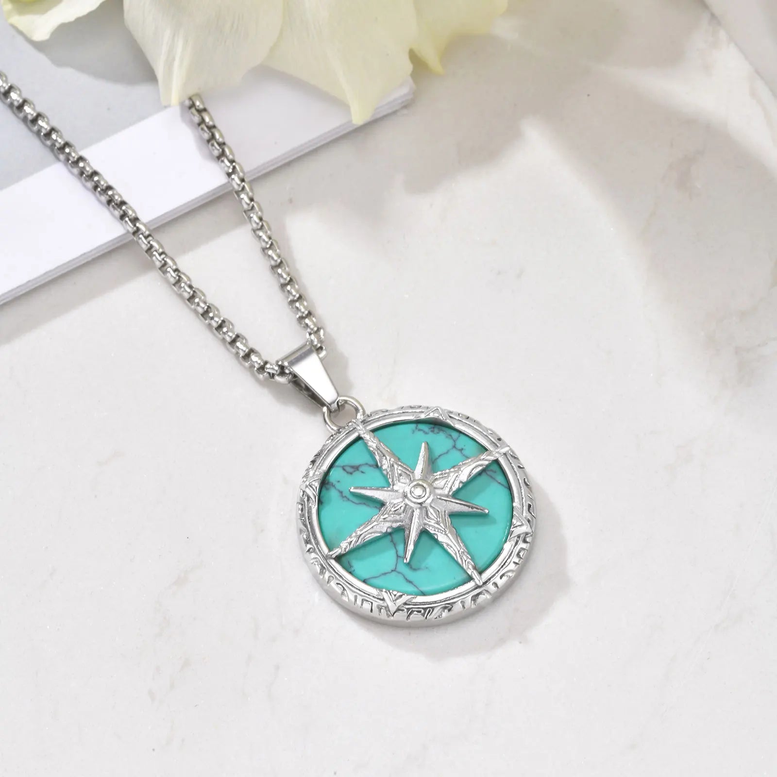 Compass Pendant with Natural Stone – Stainless Steel Star Necklace for Men