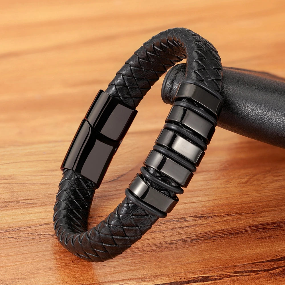 Magneto | Braided Black Leather Bracelet with Stainless Steel Charm