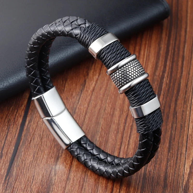 Gravín SteelCore Leather Bracelet – Three-Tone Magnetic Elegance