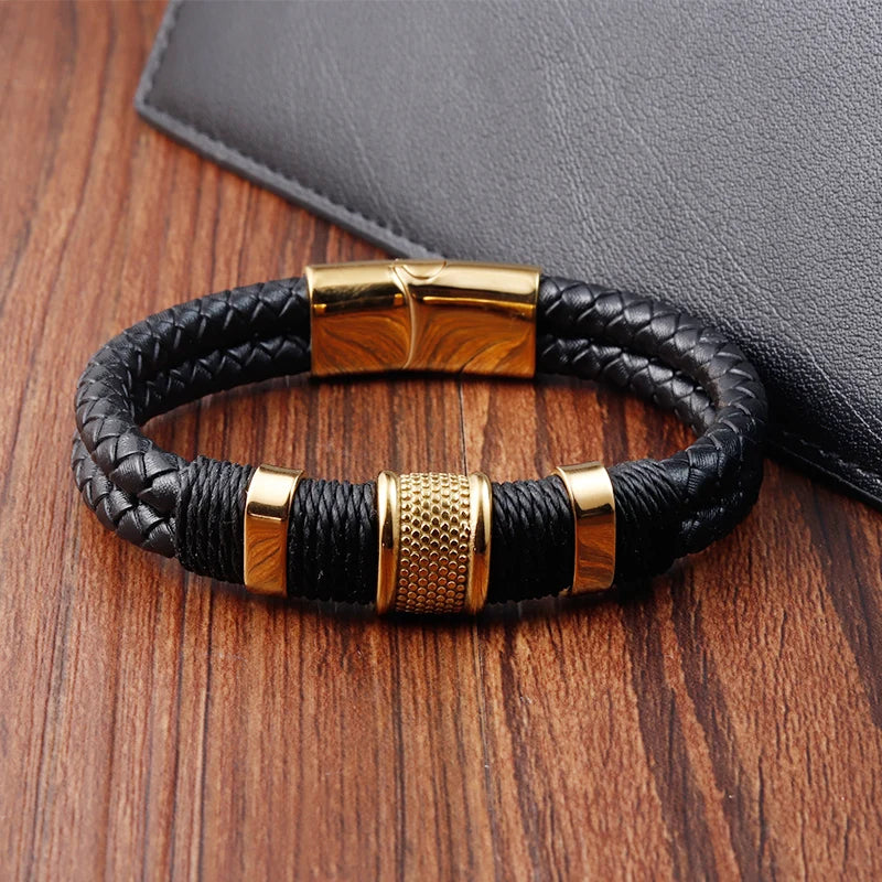 Gravín SteelCore Leather Bracelet – Three-Tone Magnetic Elegance