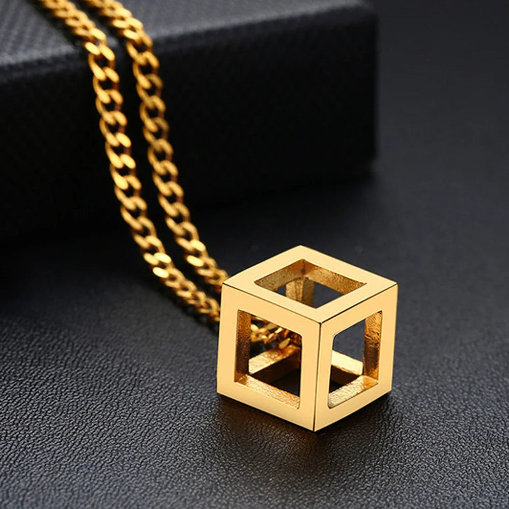 Stainless Steel Hollow Cube Pendant – Modern Punk Necklace for Men & Women
