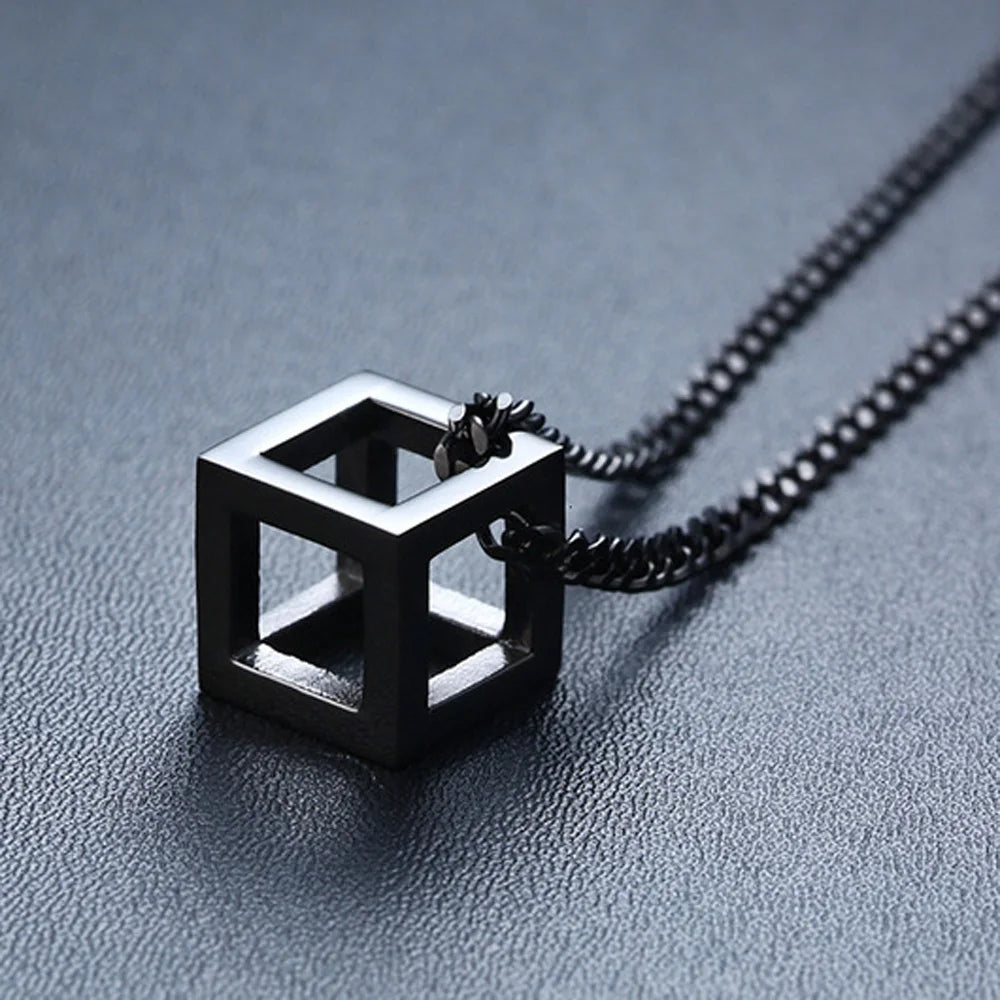 Stainless Steel Hollow Cube Pendant – Modern Punk Necklace for Men & Women