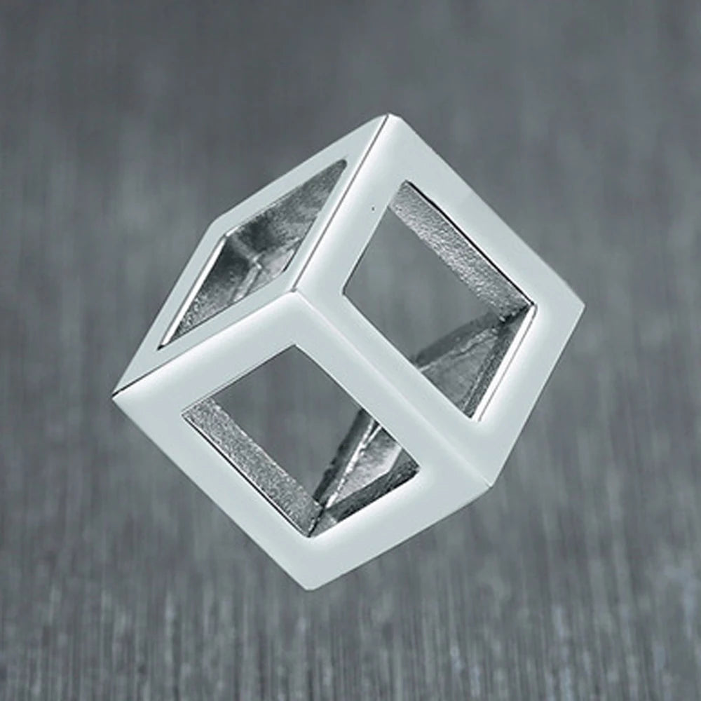 Stainless Steel Hollow Cube Pendant – Modern Punk Necklace for Men & Women