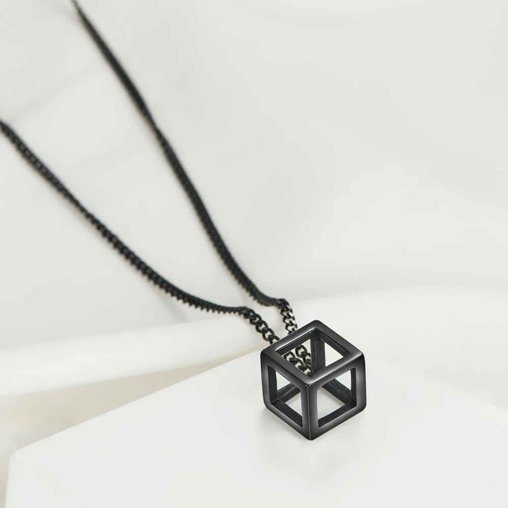 Stainless Steel Hollow Cube Pendant – Modern Punk Necklace for Men & Women
