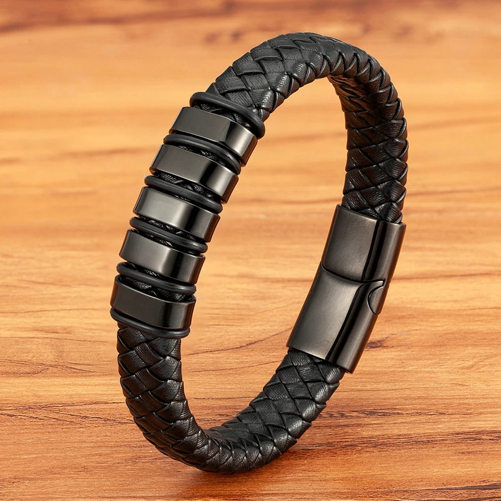 Magneto | Braided Black Leather Bracelet with Stainless Steel Charm