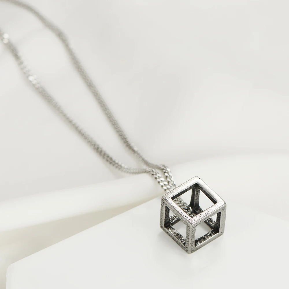 Stainless Steel Hollow Cube Pendant – Modern Punk Necklace for Men & Women