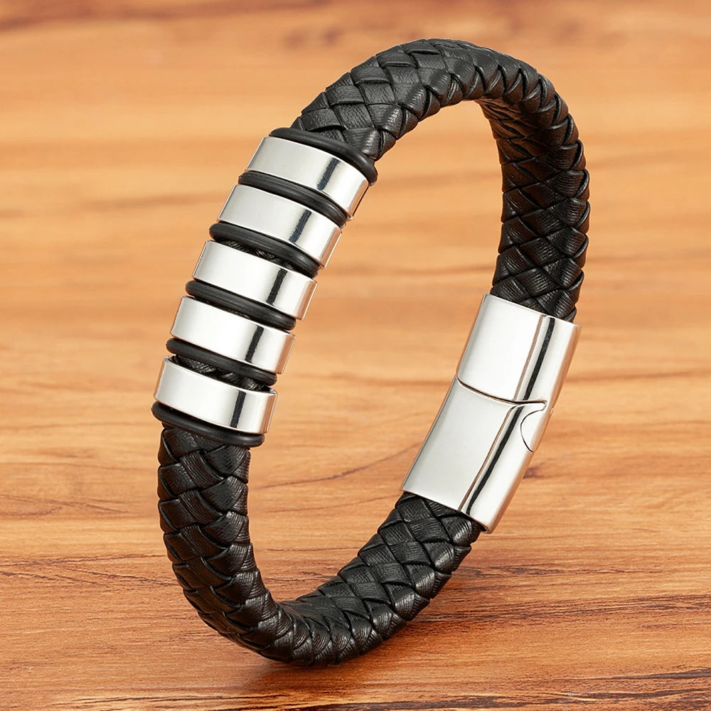 Magneto | Braided Black Leather Bracelet with Stainless Steel Charm