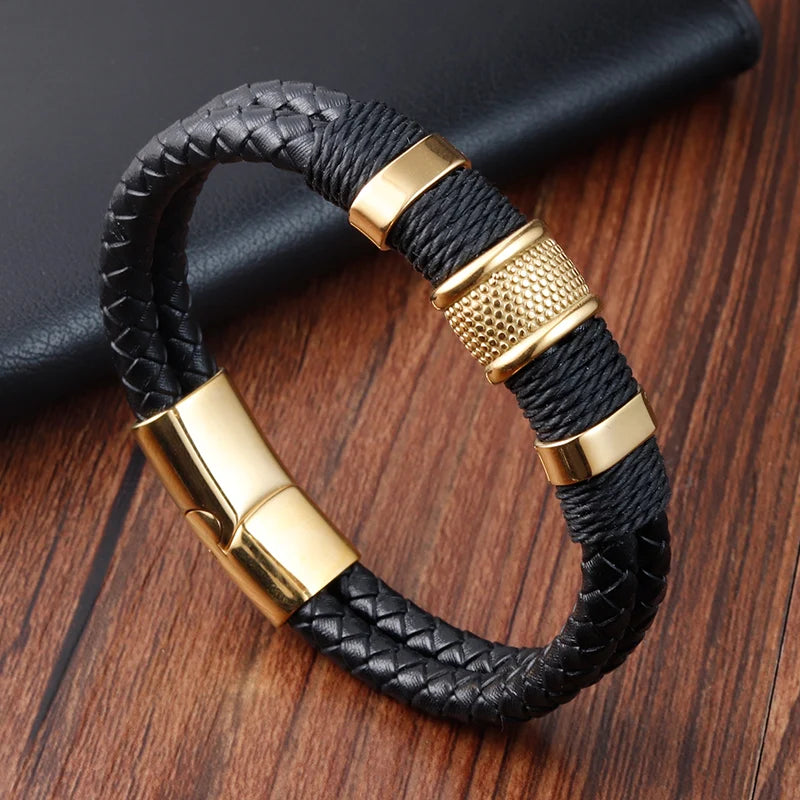Gravín SteelCore Leather Bracelet – Three-Tone Magnetic Elegance