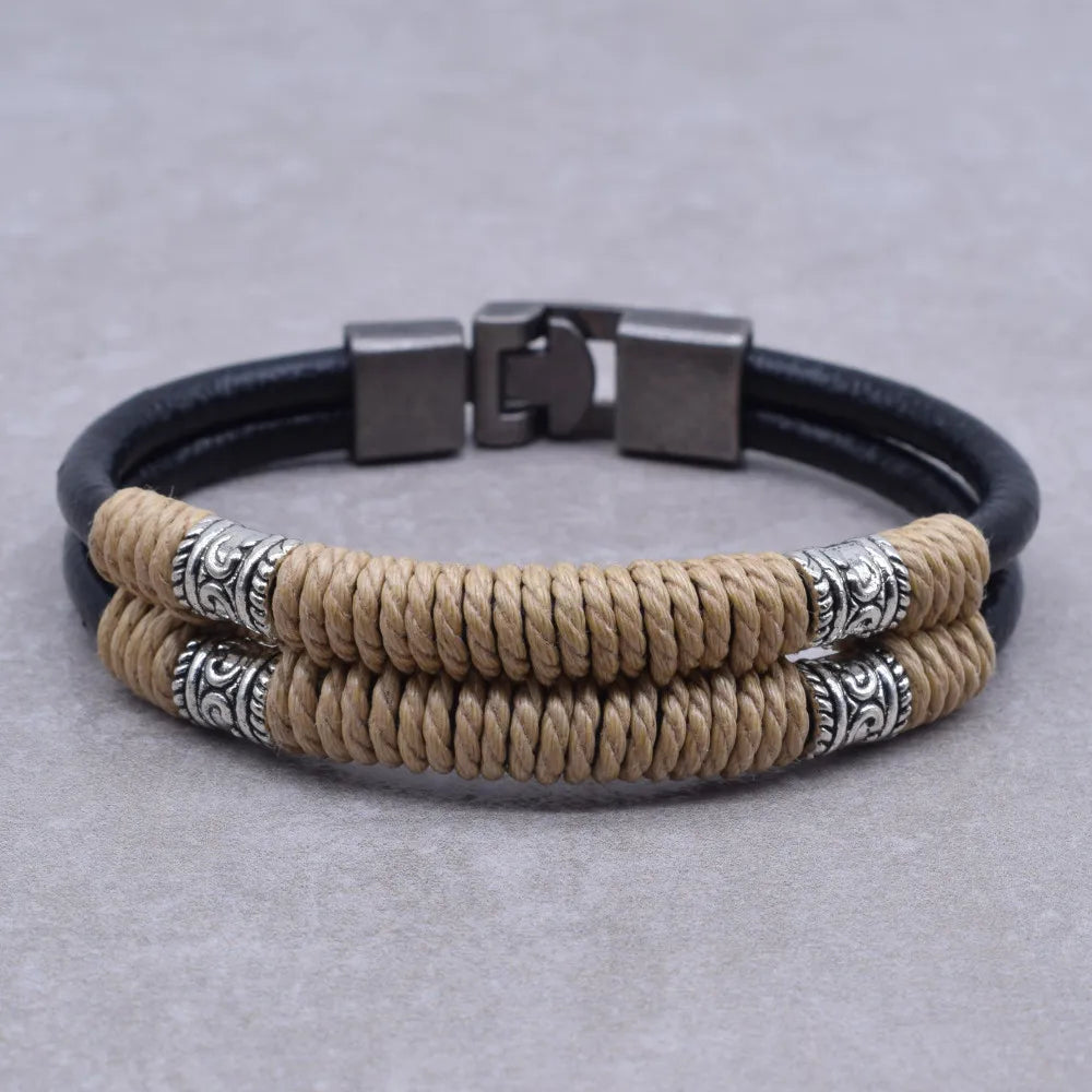 Gravín Tribal Wrap Bracelet – Double Rope & Vintage Steel Accents