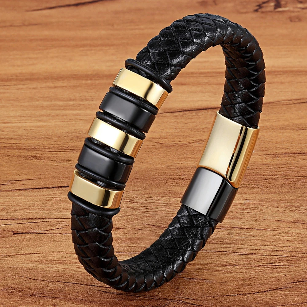 Magneto | Braided Black Leather Bracelet with Stainless Steel Charm