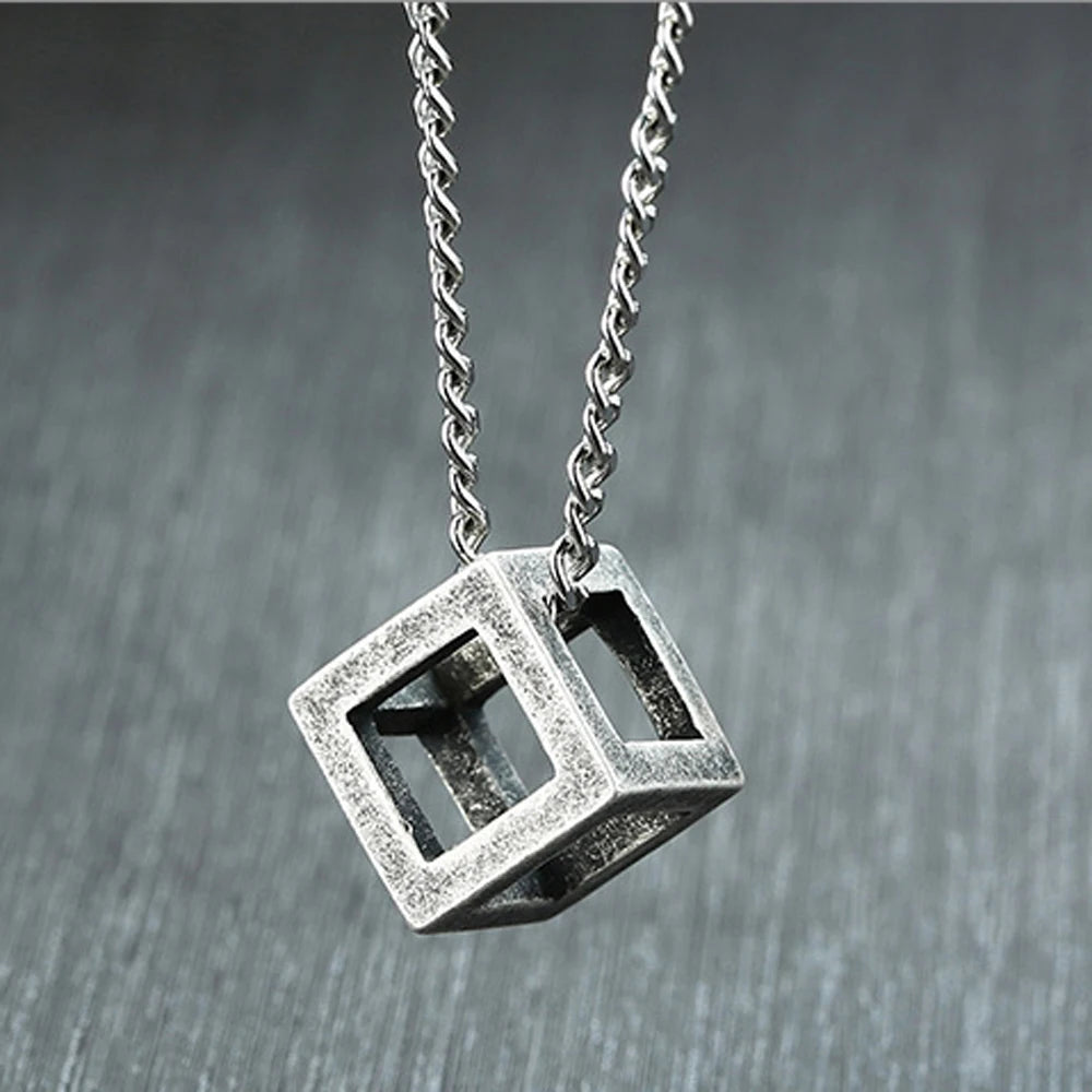 Stainless Steel Hollow Cube Pendant – Modern Punk Necklace for Men & Women