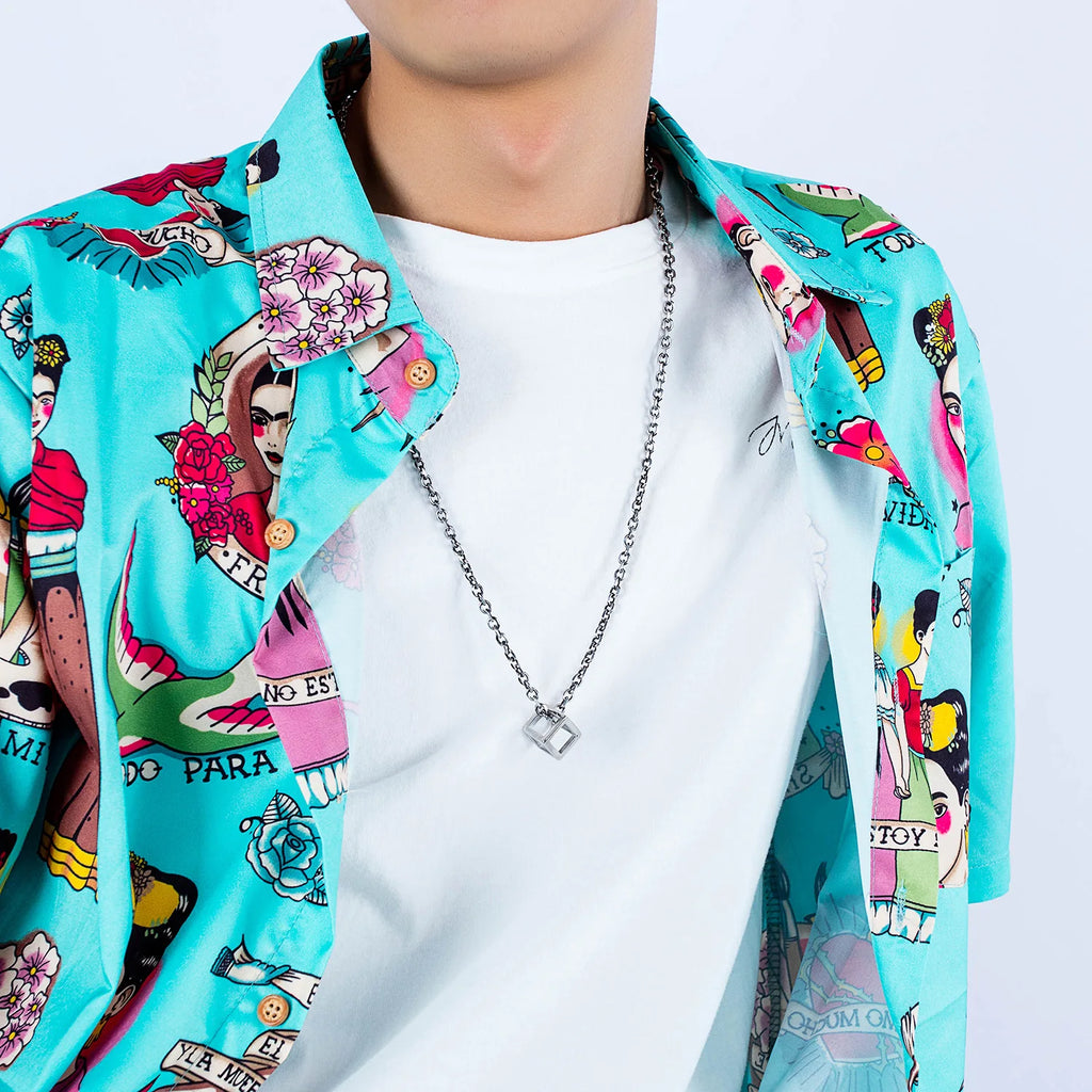 Stainless Steel Hollow Cube Pendant – Modern Punk Necklace for Men & Women