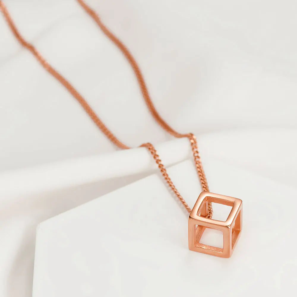 Stainless Steel Hollow Cube Pendant – Modern Punk Necklace for Men & Women