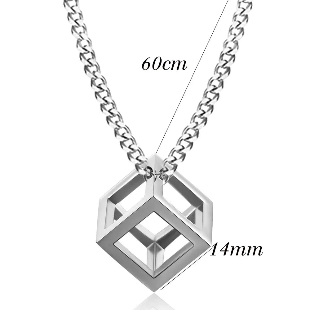 Stainless Steel Hollow Cube Pendant – Modern Punk Necklace for Men & Women