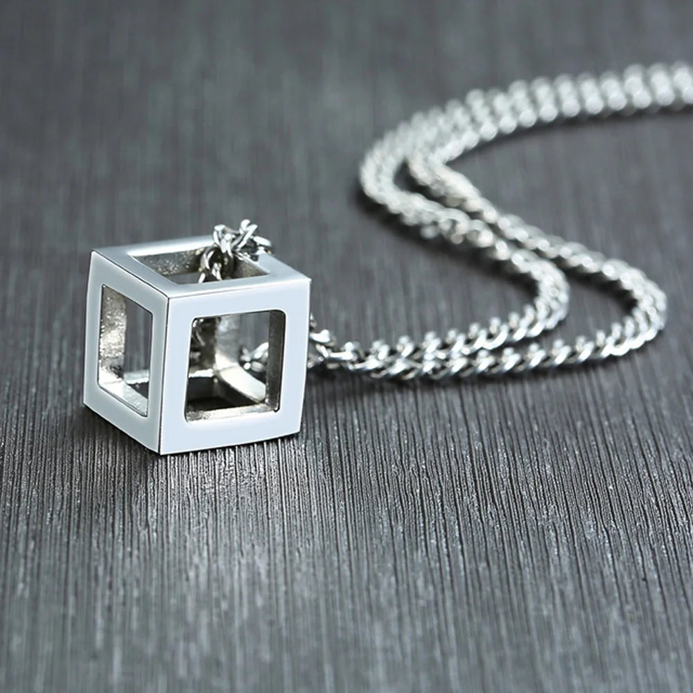 Stainless Steel Hollow Cube Pendant – Modern Punk Necklace for Men & Women