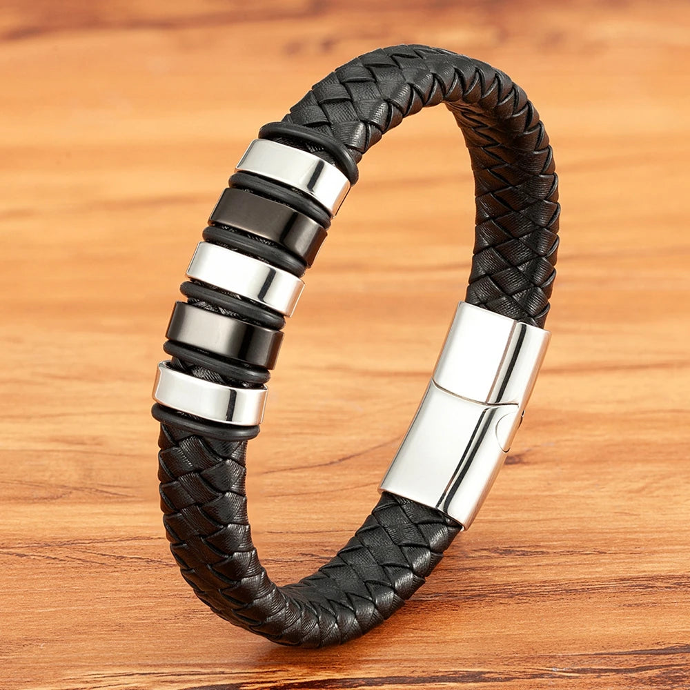 Magneto | Braided Black Leather Bracelet with Stainless Steel Charm