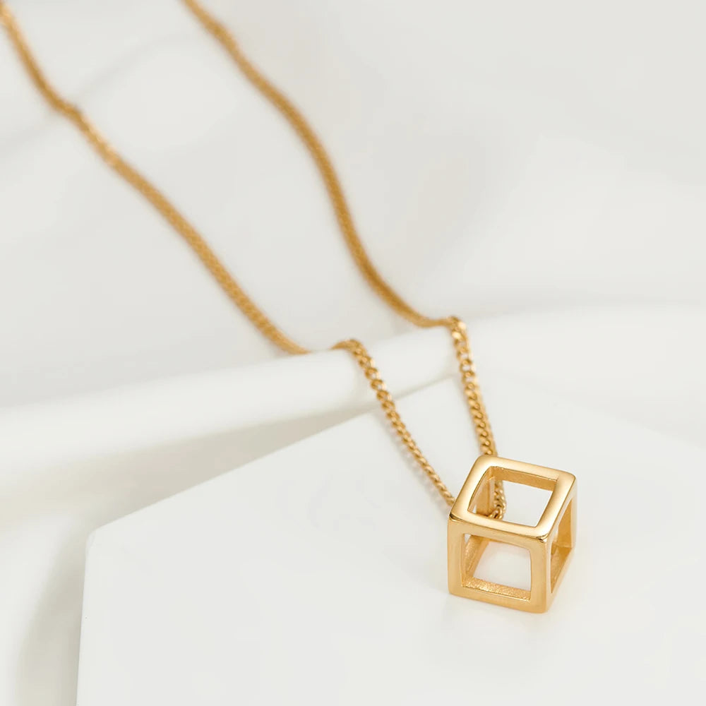 Stainless Steel Hollow Cube Pendant – Modern Punk Necklace for Men & Women
