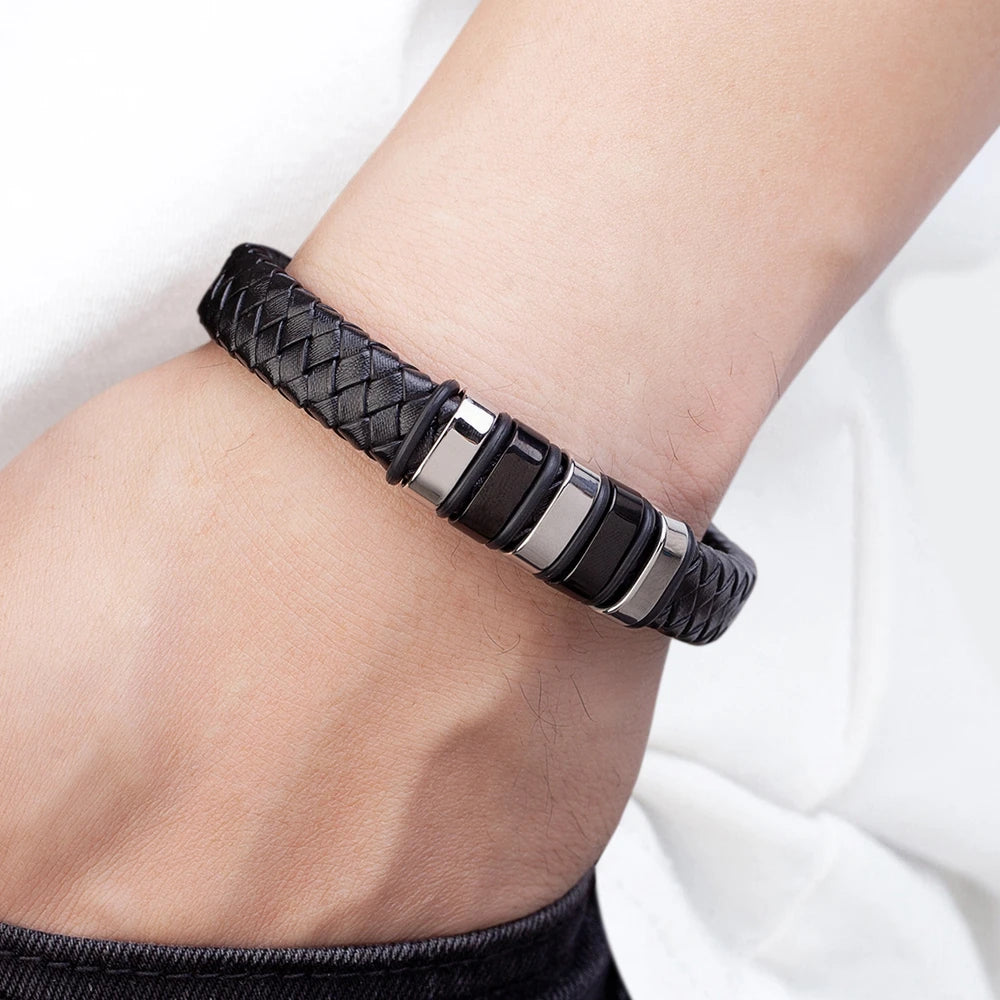 Magneto | Braided Black Leather Bracelet with Stainless Steel Charm