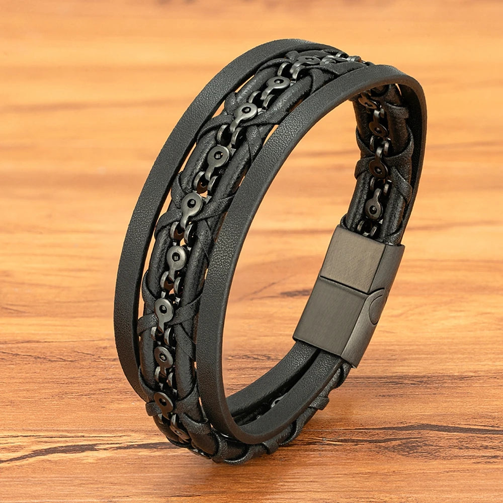 ForgeLayer | Multilayer Leather Bracelet with Chain Detail & Magnetic Clasp