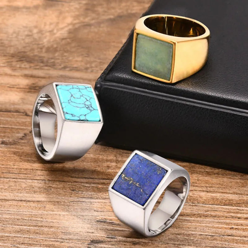 ZORCVENS Blue Nature Stone Ring for Men Boys,316l Stainless Steel Square Ring,Thumb Ring Male Jewelry Gifts