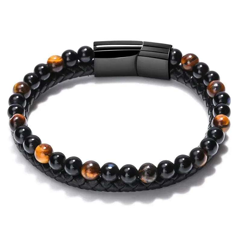 Dual Layer Stone & Leather Bracelet – Lava | Tiger Eye | Blue Stone | Gravín Core