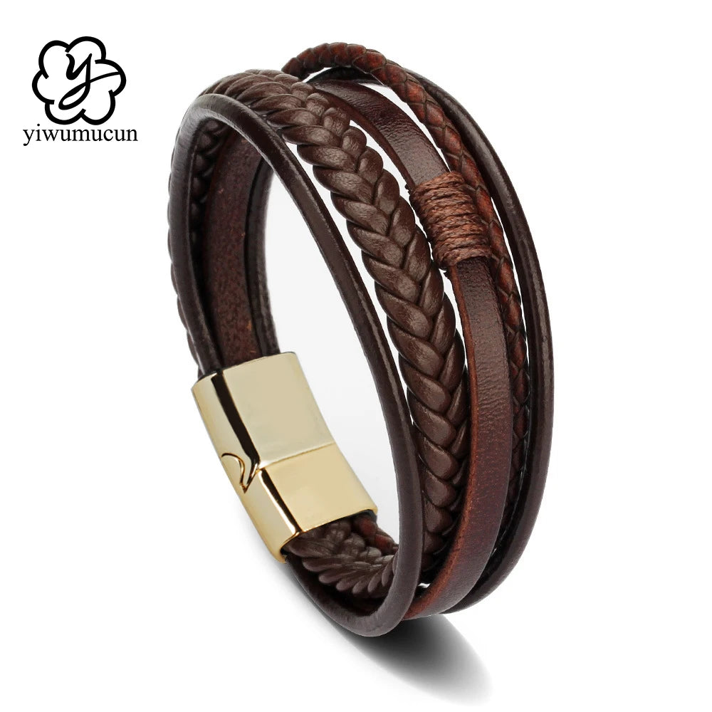 Gravín Layered Leather Bracelet – Braided & Steel Combo