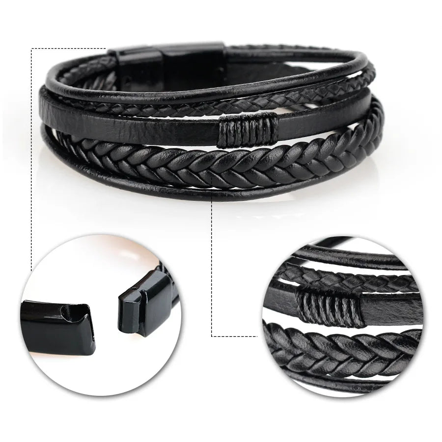 Gravín Layered Leather Bracelet – Braided & Steel Combo