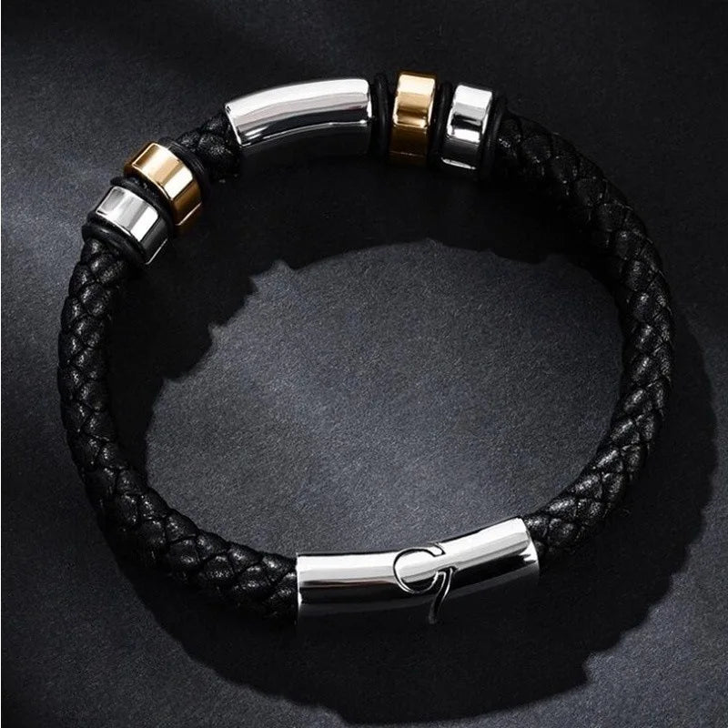 Black Leather Bracelet with Gold & Steel Accents – Gravín Edition